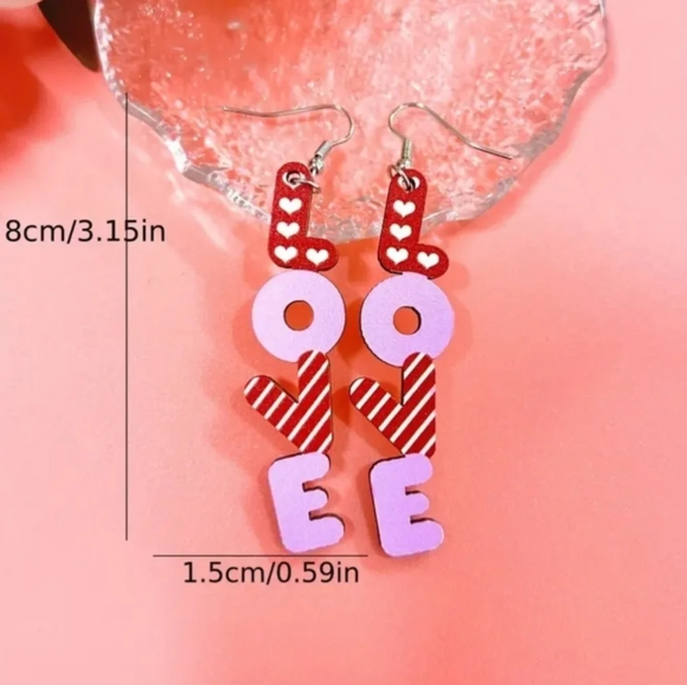 Valentines‎ Day Jewelry Love Heart Letters Womens Dangle Wooden Earrings